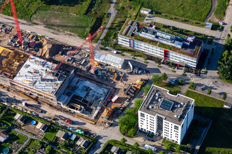 Aerial photograpy of Technology Park, construction site on Emmy-Noether-Straße in the district Rintheim in Karlsruhe in the state Baden-Wuerttemberg, Germany