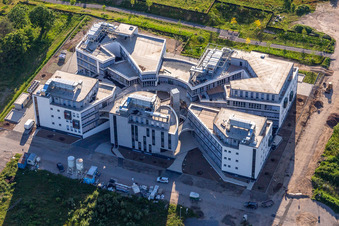 Aerial view of Construction site for the new building of a research building and office complex on street Wilhelm-Schickard-Strasse in the technology-park Karlsruhe in Karlsruhe in the state Baden-Wuerttemberg, Germany