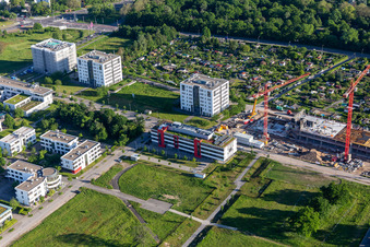 Oblique view of Technology Park, construction site on Emmy-Noether-Straße in the district Rintheim in Karlsruhe in the state Baden-Wuerttemberg, Germany