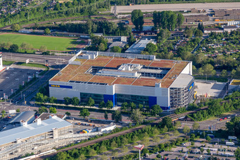 Aerial photograpy of Building store - furniture market of " IKEA Deutschland GmbH & Co. KG " on Gerwigstrasse - Weinweg - Durlacher Allee in Karlsruhe in the state Baden-Wurttemberg, Germany