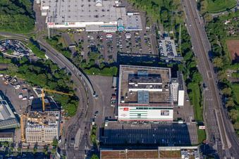 Aerial view of XXXLutz Mann Furniture Karlsruhe in the district Rintheim in Karlsruhe in the state Baden-Wuerttemberg, Germany
