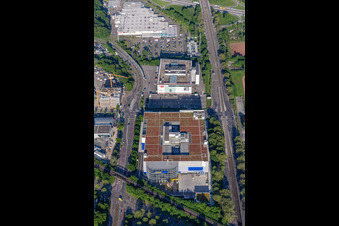 Building store - furniture market of " IKEA Deutschland GmbH & Co. KG " on Gerwigstrasse - Weinweg - Durlacher Allee in Karlsruhe in the state Baden-Wurttemberg, Germany seen from above