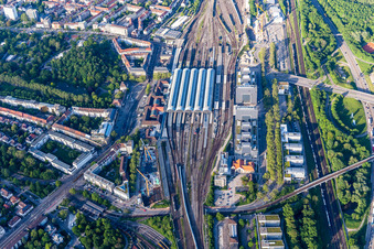 Aerial view of Track progress and building of the main station of the railway in the district Suedweststadt in Karlsruhe in the state Baden-Wurttemberg, Germany
