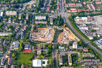 Construction site to build a new multi-family residential complex on August-Dosenbach-Strasse (August-Klingler-Areal) in the district Daxlanden in Karlsruhe in the state Baden-Wuerttemberg, Germany