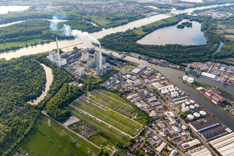 Aerial photograpy of EnBW hard coal-fired power plant on the Rhine in the district Daxlanden in Karlsruhe in the state Baden-Wuerttemberg, Germany
