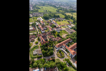 Aerial view of Building of the retirement home Caritas Foerderzentrum St. Laurentius and Paulus and of the Jugendwerk St. Josef in the district Queichheim in Landau in der Pfalz in the state Rhineland-Palatinate, Germany