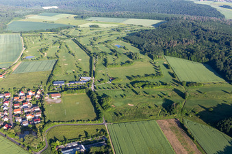 Aerial view of Grounds of the Golf course at of Golfclubs Schweinfurt e.V. in the district Loeffelsterz in Schonungen in the state Bavaria, Germany