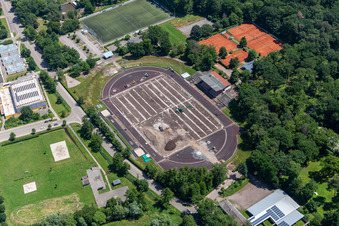Aerial view of Bienwaldstadion, new lawn in Kandel in the state Rhineland-Palatinate, Germany