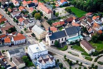 St. Philippus Jakobus. Volksbank Kraichgau eG in the district Oberhausen in Oberhausen-Rheinhausen in the state Baden-Wuerttemberg, Germany