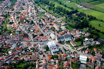 Aerial view of Church building in of katholischen Kirche Old Town- center of downtown in the district Oberhausen in Oberhausen-Rheinhausen in the state Baden-Wurttemberg, Germany