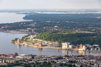 Aerial view of Flensburg Harbour, Harniskai in the district Kielseng in Flensburg in the state Schleswig Holstein, Germany