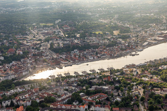 Pleasure boat marina with docks and moorings on the shore area of Hafenspitze in Flensburg in the state Schleswig-Holstein, Germany
