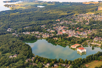 Oblique view of Castle Glücksburg in the castle pond in Glücksburg in the state Schleswig Holstein, Germany