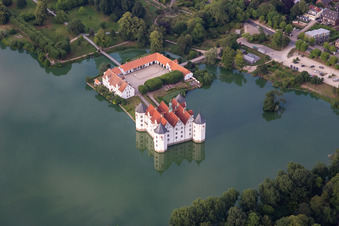 Castle Glücksburg in the castle pond in Glücksburg in the state Schleswig Holstein, Germany from above