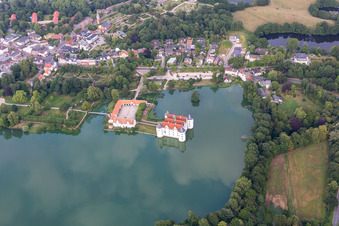 Castle Glücksburg in the castle pond in Glücksburg in the state Schleswig Holstein, Germany from the plane
