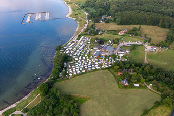 Aerial view of Bockholmwik campsite, Bock 19 restaurant, Bockholmwik marina in the district Rüde in Munkbrarup in the state Schleswig Holstein, Germany