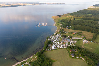 Aerial photograpy of Bockholmwik campsite, Bock 19 restaurant, Bockholmwik marina in the district Rüde in Munkbrarup in the state Schleswig Holstein, Germany