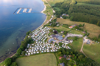 Aerial view of Camping-place Bockholmwik Pleasure boat and sailing boat mooring and boat moorings in the harbor " Yachthafen Bockholmwik " in Munkbrarup in the state Schleswig-Holstein, Germany