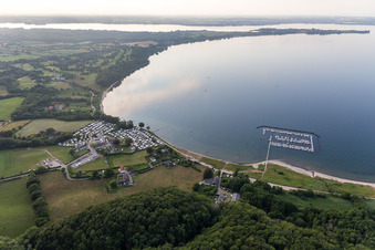 Oblique view of Bockholmwik campsite, Bock 19 restaurant, Bockholmwik marina in the district Rüde in Munkbrarup in the state Schleswig Holstein, Germany