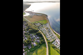 Aerial view of Camping with caravans and tents at the Baltic beach in Langballigholz in Schleswig-Holstein