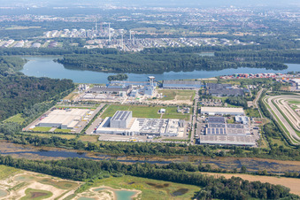 Oberwald industrial area in Wörth am Rhein in the state Rhineland-Palatinate, Germany from above