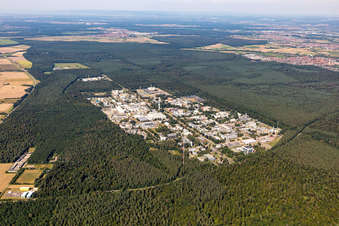 Aerial photograpy of KIT Campus North from the southwest in the district Leopoldshafen in Eggenstein-Leopoldshafen in the state Baden-Wuerttemberg, Germany