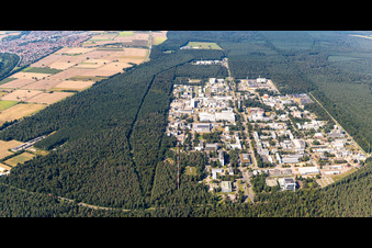Aerial view of KIT Campus North from the South in the district Leopoldshafen in Eggenstein-Leopoldshafen in the state Baden-Wuerttemberg, Germany