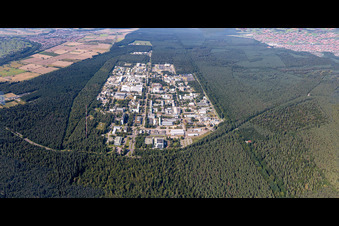 Aerial view of KIT Campus North from the South in the district Neureut in Karlsruhe in the state Baden-Wuerttemberg, Germany
