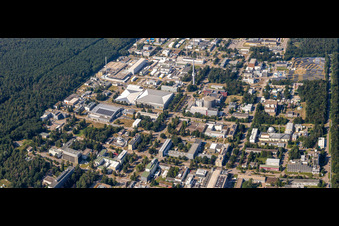Aerial view of Campus building of the university KIT - Campus Nord (former Nuclear research centre Karlsruhe) behind Leopoldshafen in Eggenstein-Leopoldshafen in the state Baden-Wuerttemberg, Germany
