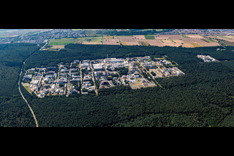 Oblique view of KIT Campus North from the east in the district Leopoldshafen in Eggenstein-Leopoldshafen in the state Baden-Wuerttemberg, Germany