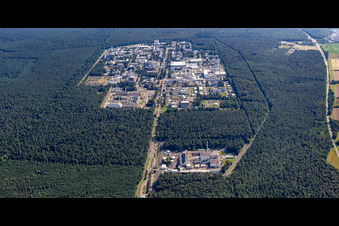 Research building and office complex of KIT Campus North (former Kernforschungszentrum Karlsruhe) in the district Leopoldshafen in Eggenstein-Leopoldshafen in the state Baden-Wuerttemberg seen from above