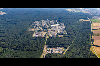 Aerial view of KIT Campus North from the north in the district Leopoldshafen in Eggenstein-Leopoldshafen in the state Baden-Wuerttemberg, Germany