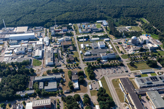 Aerial view of Research building and office complex of Karlsruhe Institut fuer Technologie Campus Nord with IAM-WBM in Eggenstein-Leopoldshafen in the state Baden-Wurttemberg, Germany