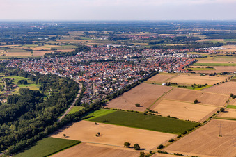 Drone image of District Linkenheim in Linkenheim-Hochstetten in the state Baden-Wuerttemberg, Germany