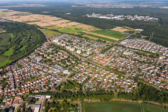 Aerial view of Town View of the streets and houses of the residential areas in the district Leopoldshafen in Eggenstein-Leopoldshafen in the state Baden-Wuerttemberg, Germany