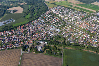 Aerial photograpy of Town View of the streets and houses of the residential areas in the district Leopoldshafen in Eggenstein-Leopoldshafen in the state Baden-Wuerttemberg, Germany