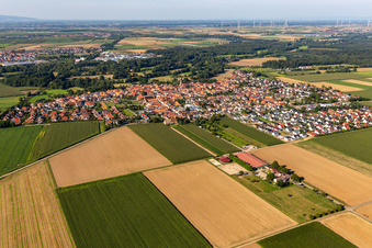 Aerial view of Village view on the edge of agricultural fields and land in Steinweiler in the state Rhineland-Palatinate, Germany