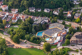 Aerial photograpy of Spa and swimming pools at the swimming pool of the leisure facility Suedpfalz Therme in Bad Bergzabern in the state Rhineland-Palatinate, Germany