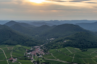 Aerial view of Fields of wine cultivation landscape in Leinsweiler in the state Rhineland-Palatinate, Germany