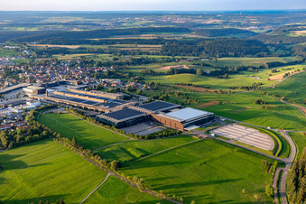 Aerial view of Building and production halls on the premises of ARBURG GmbH + Co KG in Lossburg in the state Baden-Wuerttemberg, Germany