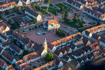 Aerial view of Town Hall building of the City Council at the market downtown in Freudenstadt in the state Baden-Wuerttemberg, Germany