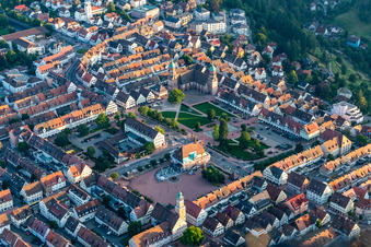 Aerial photograpy of Town Hall building of the City Council at the market downtown in Freudenstadt in the state Baden-Wuerttemberg, Germany