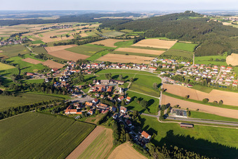 Agricultural land and field boundaries surround the settlement area of the village in Goeffingen in the state Baden-Wuerttemberg, Germany