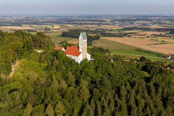 Aerial view of Pilgrimage Church of St. John the Baptist on the Bussen in the district Offingen in Uttenweiler in the state Baden-Wuerttemberg, Germany