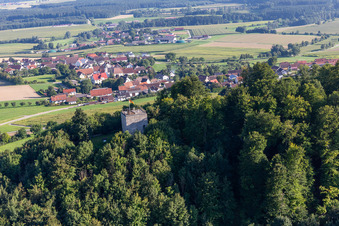 Aerial view of Castle ruins on the Bussen – holy mountain of Upper Swabia in the district Offingen in Uttenweiler in the state Baden-Wuerttemberg, Germany