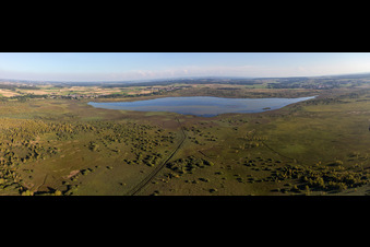 Aerial view of Riparian areas on the lake area of Federsee in Bad Buchau in the state Baden-Wuerttemberg, Germany