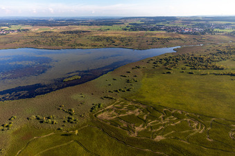 Aerial photograpy of Riparian areas on the lake area of Federsee in Bad Buchau in the state Baden-Wuerttemberg, Germany