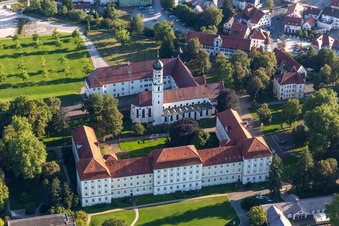 Aerial view of Complex of buildings of the monastery in Bad Schussenried in the state Baden-Wuerttemberg, Germany