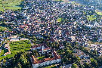 Aerial photograpy of Complex of buildings of the monastery in Bad Schussenried in the state Baden-Wuerttemberg, Germany