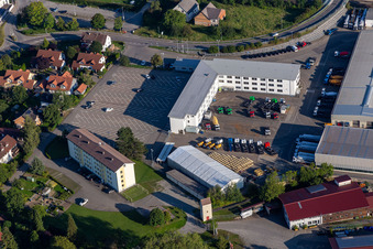 Aerial view of Building and production halls on the premises of Liebherr-Mischtechnik GmbH in Bad Schussenried in the state Baden-Wuerttemberg, Germany